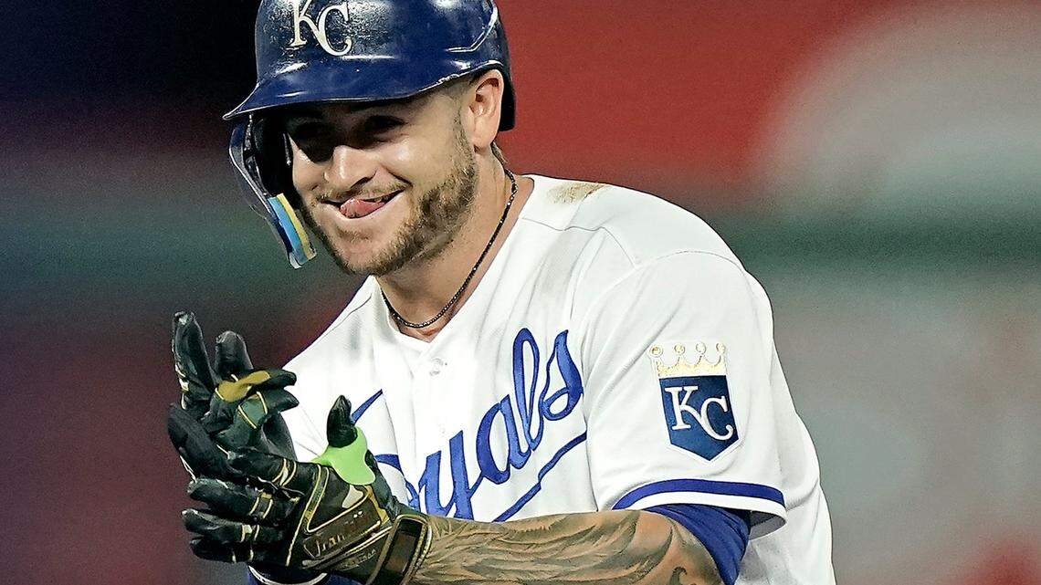 Kansas City Royals’ Kyle Isbel celebrates on second after hitting a double during the seventh inning of a baseball game against the Minnesota Twins Friday, May 20, 2022, in Kansas City, Mo. (AP Photo/Charlie Riedel)