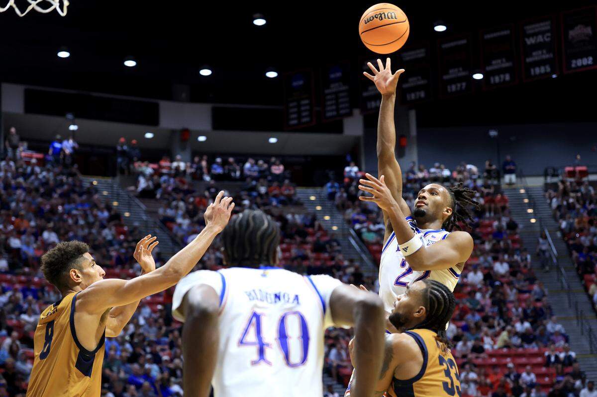 Darryn Peterson #22 of the Kansas Jayhawks shoots a floater during the second half of the game against the California Baptist Lancers in the first round of the 2026 NCAA Men's Basketball Tournament at Viejas Arena on March 20, 2026 in San Diego.