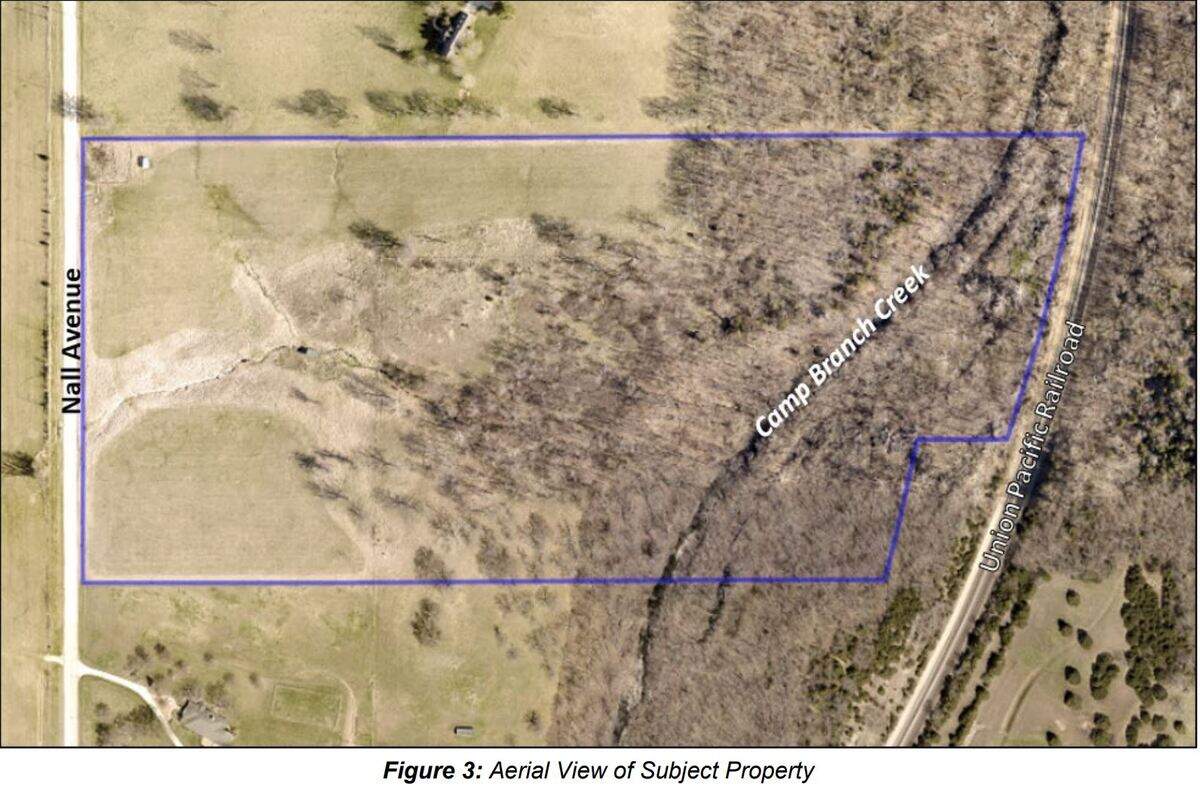 An aerial view of the property shows the Branch Camp Creek that runs through the land.
