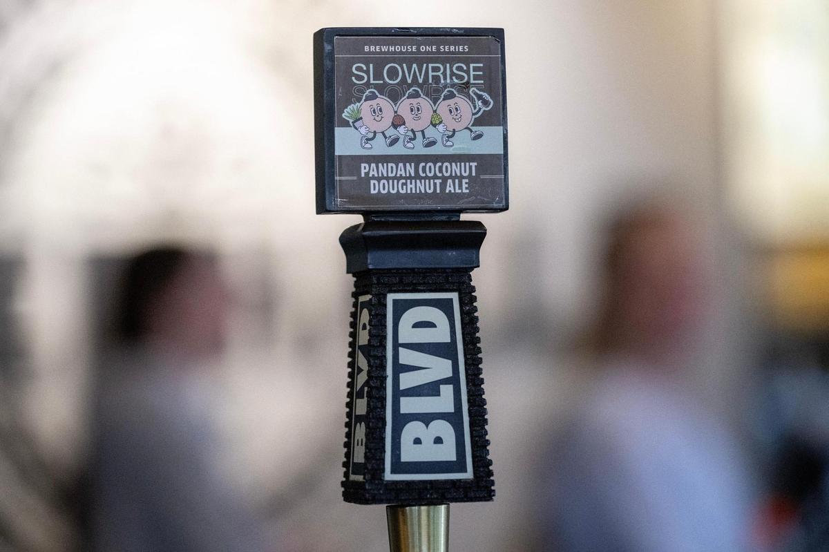 The tap lever featuring the Pandan Coconut Doughnut Ale logo is seen during the release event at Boulevard Brewing Tours and Recreation Center on Sunday, March 9, 2025, in Kansas City.