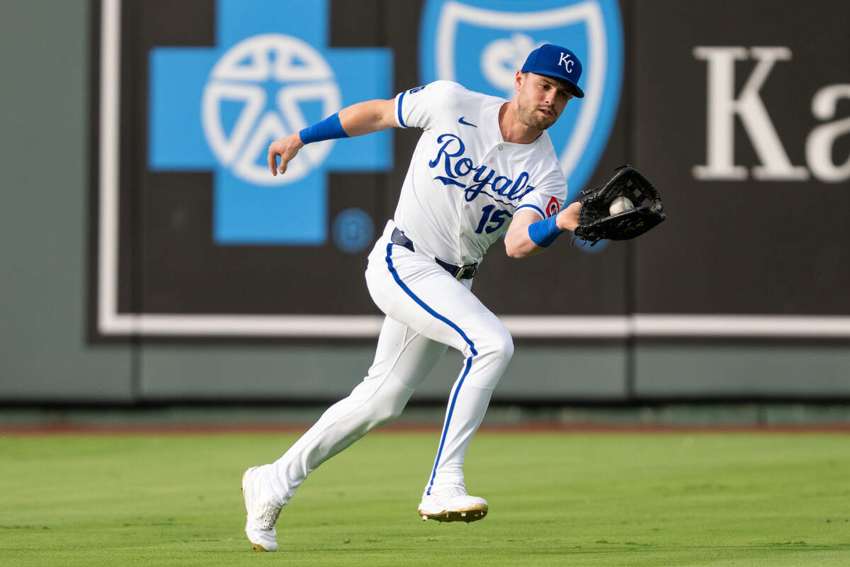 Royals outfielder Lane Thomas makes a catch during KC’s 14-6 win against the St. Louis Cardinals at Kauffman Stadium in Kansas City on Thursday, June 18, 2026.