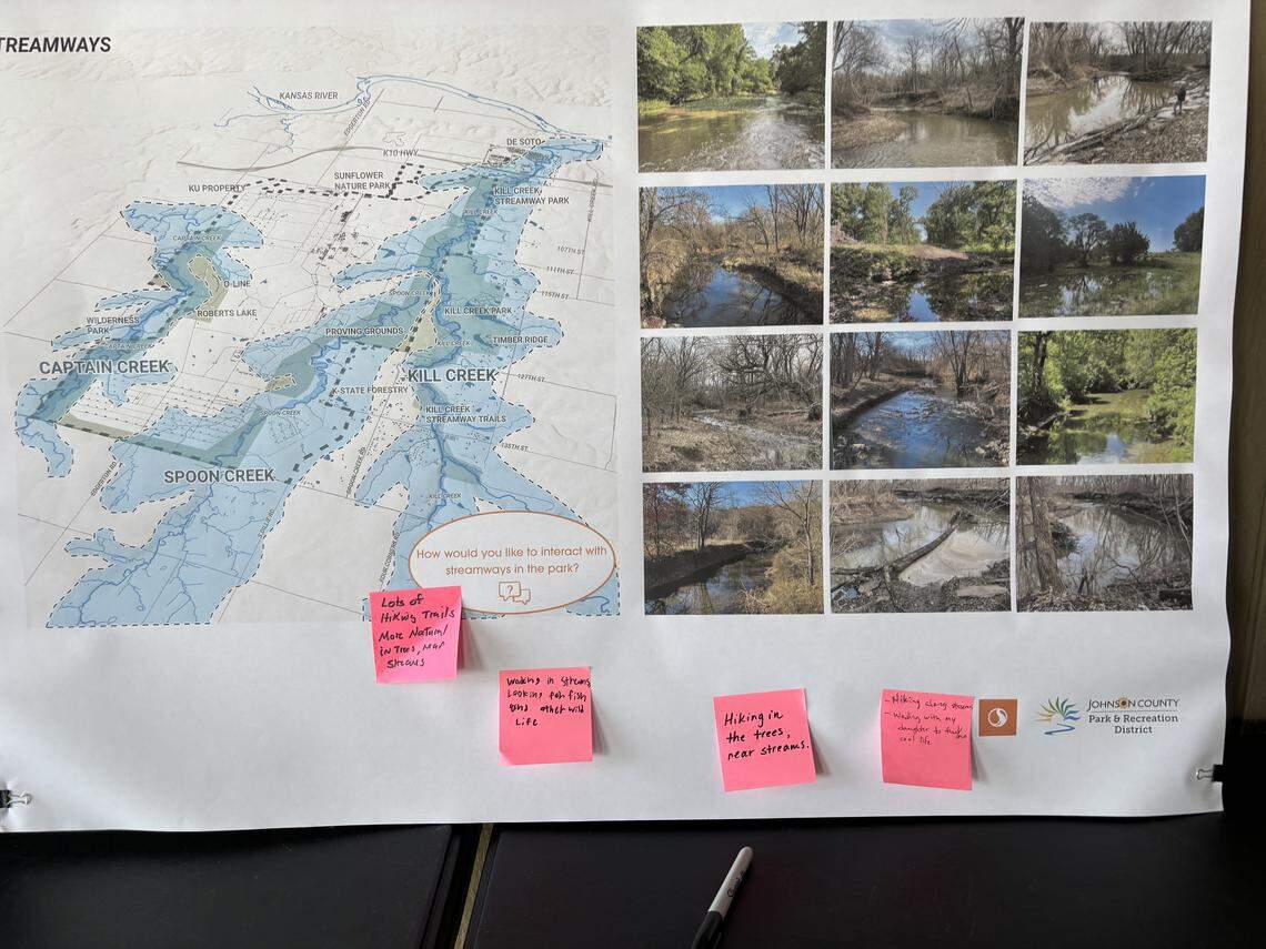 Residents wrote feedback on pink sticky notes and posted them on maps displaying parts of Kill Creek Park’s expansion.