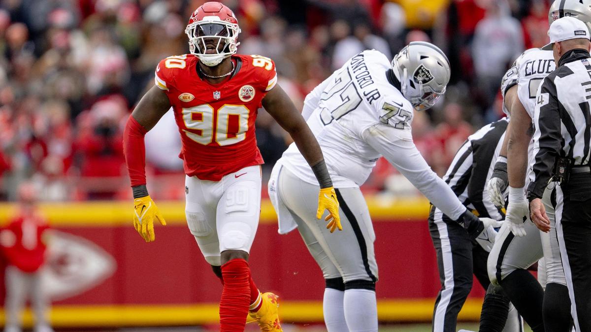 Kansas City Chiefs defensive end Charles Omenihu (90) celebrates a sack against the Las Vegas Raiders during an NFL football game on Monday, Dec. 25, 2023, at Arrowhead Stadium at GEHA Field in Kansas City.