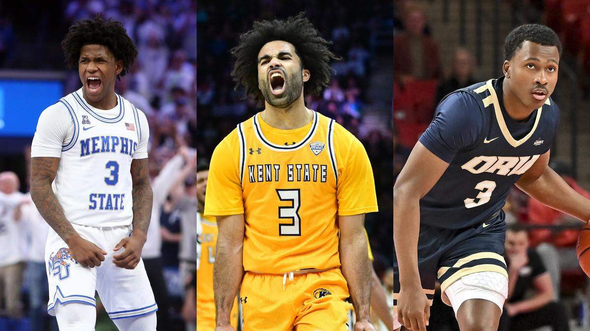 Photo collage: Memphis’ Kendric Davis, Kent State’s Sincere Carry and Oral Roberts’ Max Abmas are each hoping to lead their squads to deep NCAA Tournament runs.