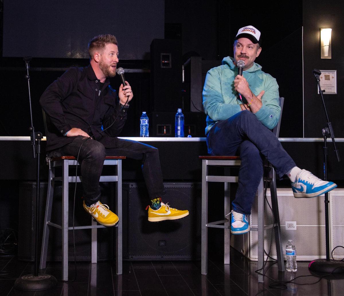 Steps of Faith founder Billy Brimblecom, left, and “Ted Lasso” star Jason Sudeikis talked about Saturday night’s Thundergong fundraiser at a press conference Friday at the Uptown Theater in Kansas City.