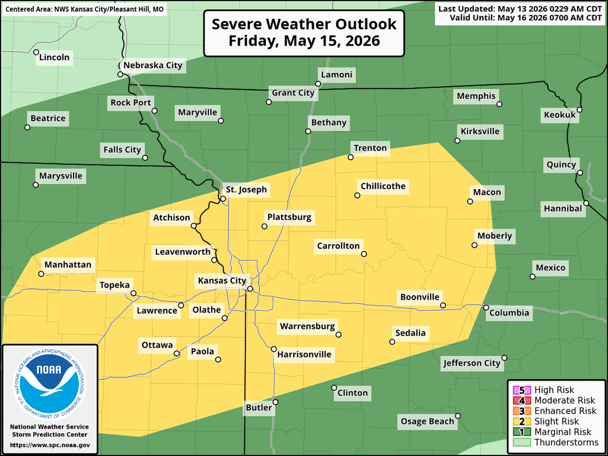 There will be another chance for severe storms on Friday, with large hail and damaging winds possible, the National Weather Service said. The Storm Prediction Center has placed parts of the Kansas City area under a slight risk (Level 2 of 5) of severe weather.