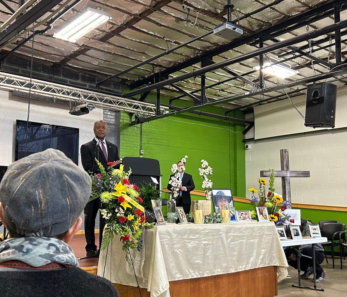 Jackson County Executive Frank White Jr. speaks at Jesse Eckes’ service on March 3, 2023.