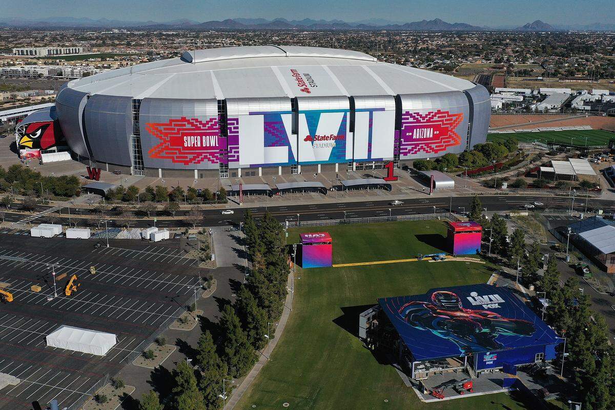 An aerial view of State Farm Stadium in Glendale, Arizona before the Super Bowl in 2023.