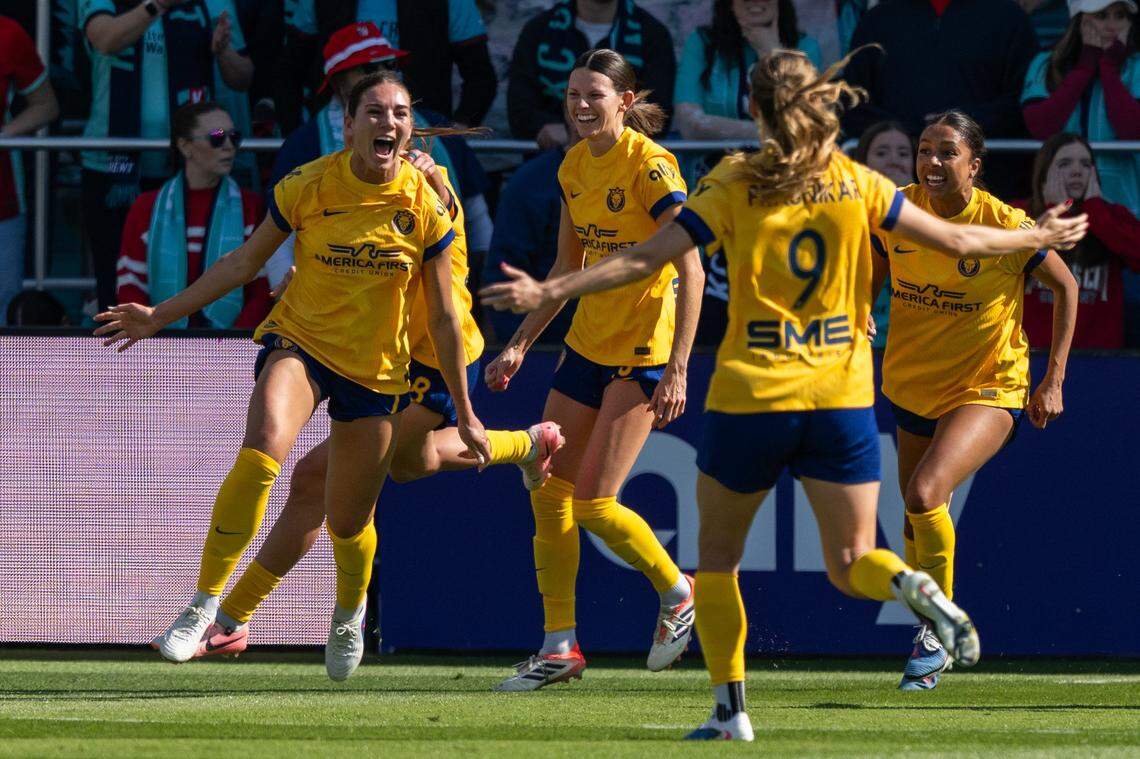 Utah Royals defender Tatumn Milazzo (2) celebrates after scoring a goal in the first half of the Current's match vs. the Utah Royals, on Saturday, March 14, 2026, at the CPKC Stadium. The Current won 2-1 against the Utah Royals.