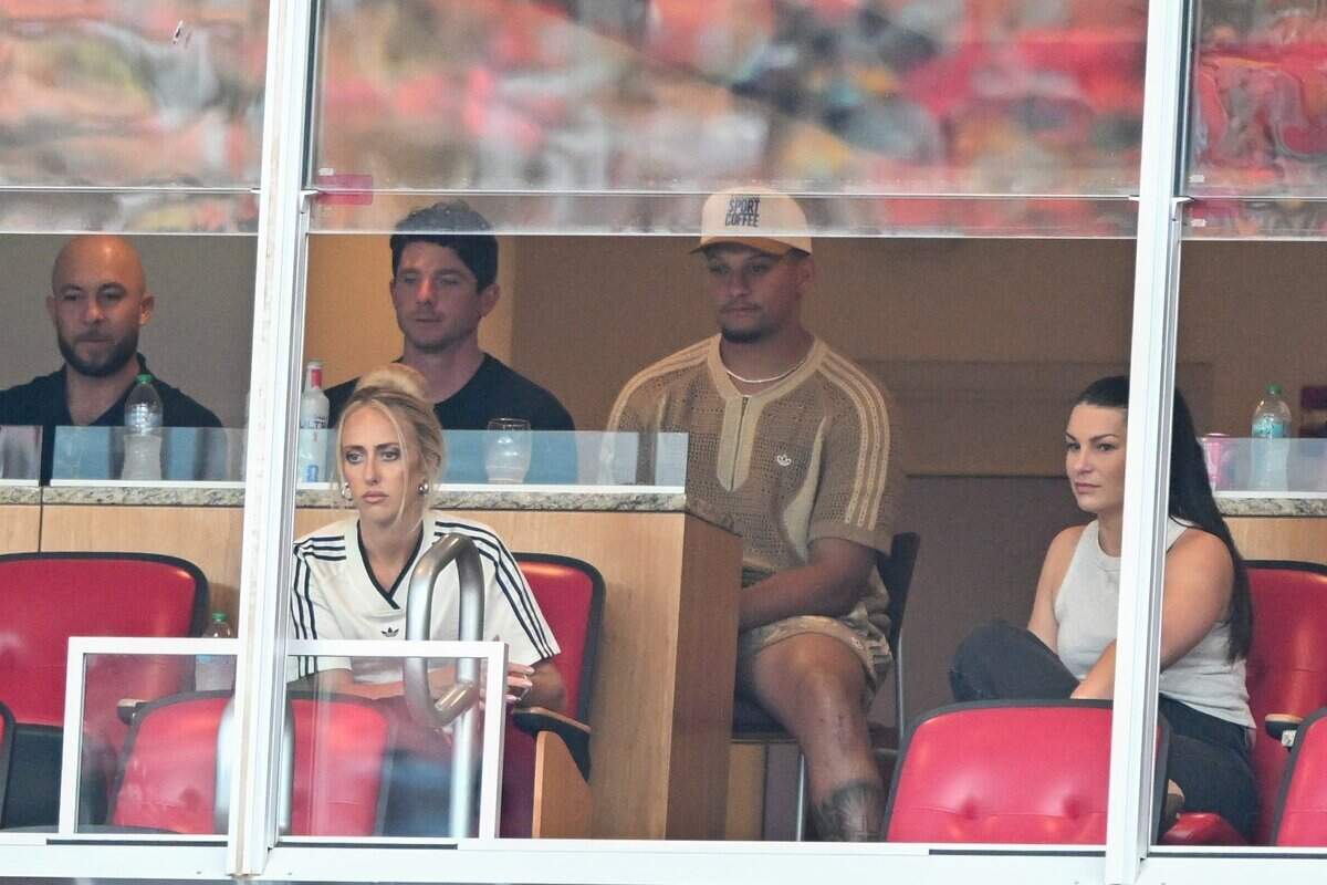 Kansas City Chiefs quarterback Patrick Mahomes and his wife Brittany are seen in a suite at the Netherlands vs. Tunisia FIFA World Cup group-stage soccer match at Kansas City (Arrowhead) Stadium in Kansas City on Thursday, June 25, 2026.