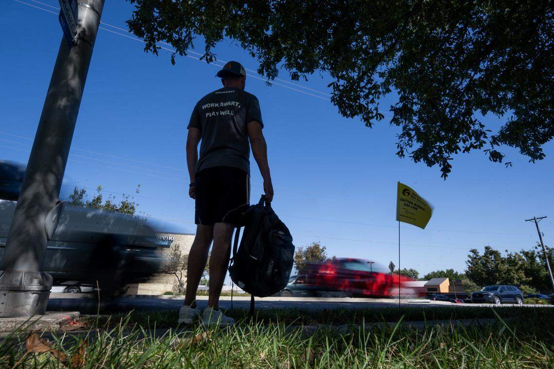 Brian, who has experienced homelessness, was photographed outside the Johnson County Library - Central Resource branch in Overland Park on Friday, September 26, 2025. He often waits for a bus along West 87th Street in front of the library.