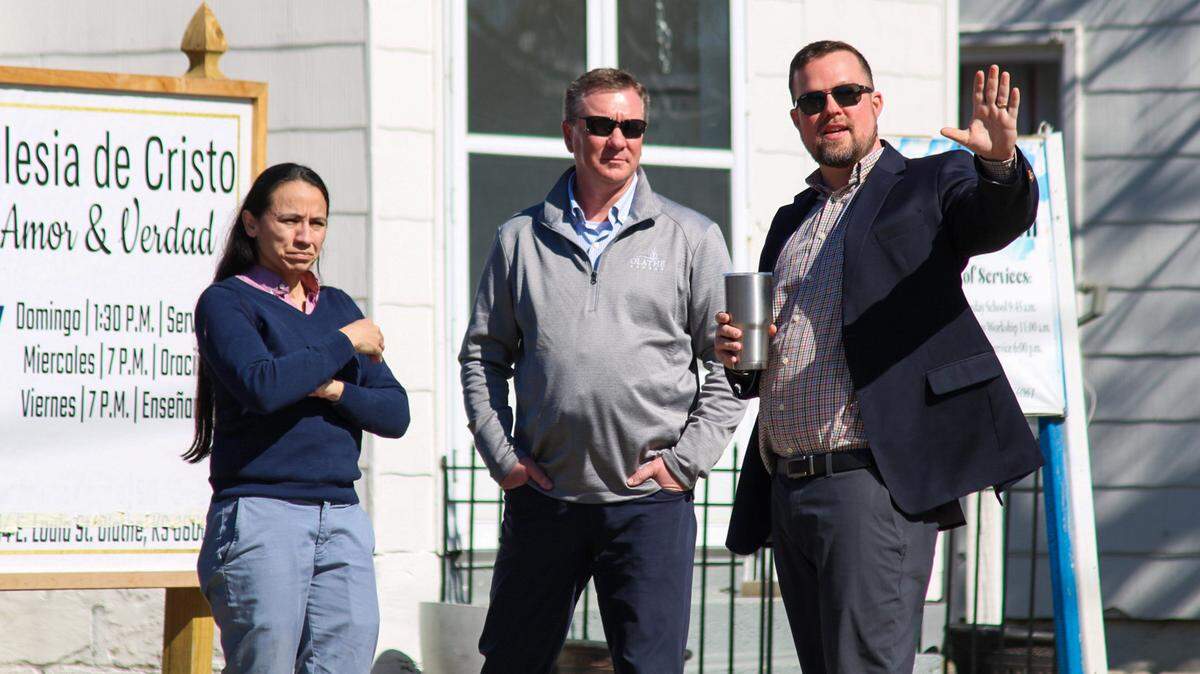 U.S. Rep. Sharice Davids visits a neighborhood near downtown Olathe with city officials on Feb. 26, 2026, where federal grand monies will fund a temporary roundabout.
