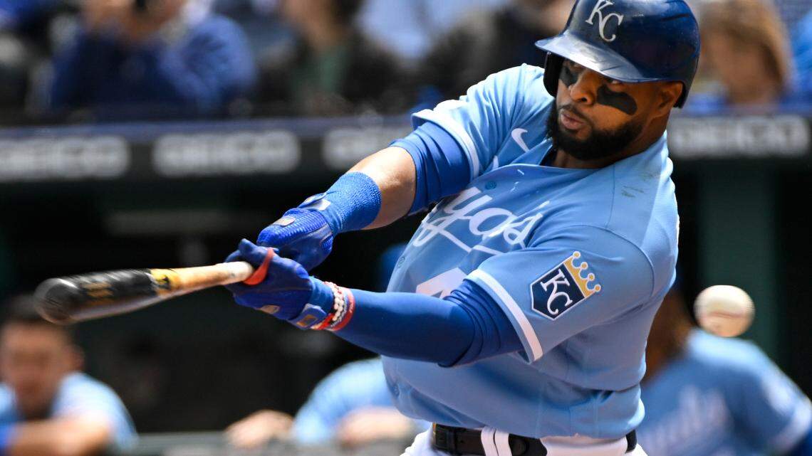 Carlos Santana, shown fouling off a pitch in this file photo from April, was hitting .150 this season after going 0 for 4 in Monday’s loss to the Guardians in Cleveland.