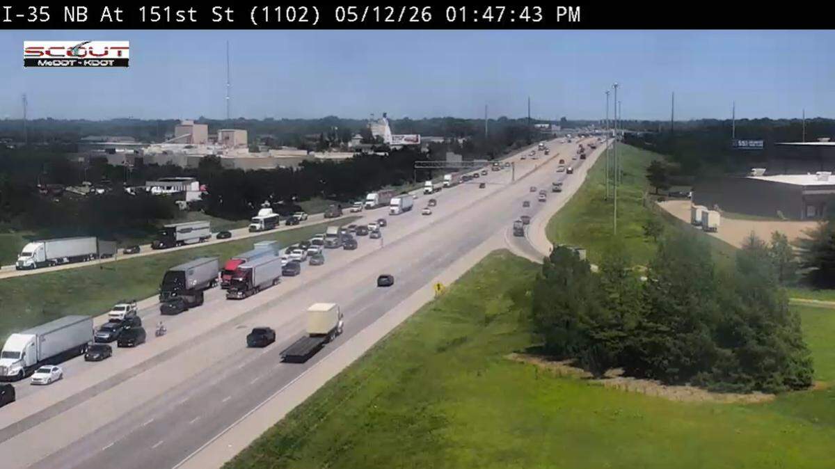 A KC Scout camera shows slow traffic on Interstate 35 at 151st Street in Olathe. A fatal crash closed southbound lanes of Interstate 35 in Olathe Tuesday.