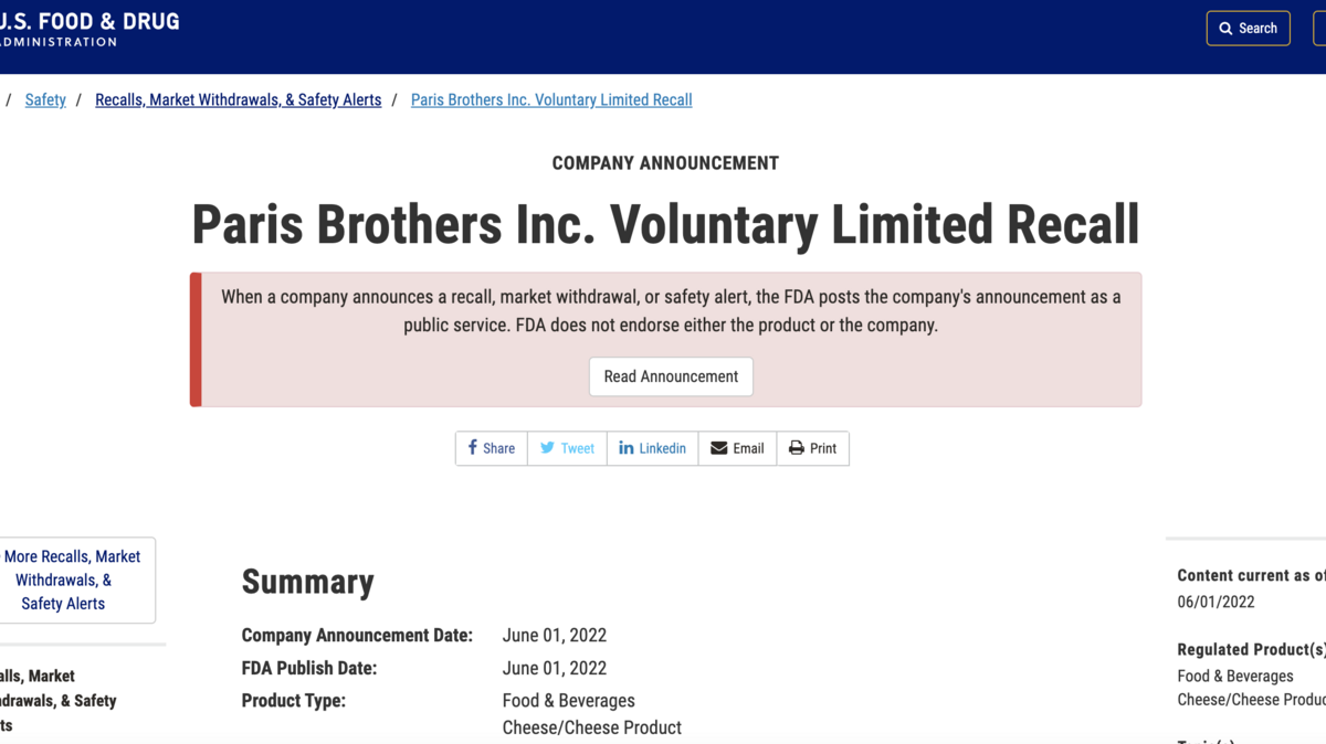 Paris Brothers, Inc. issued a voluntary recall of eight cheese products after a potential exposure to listeria.