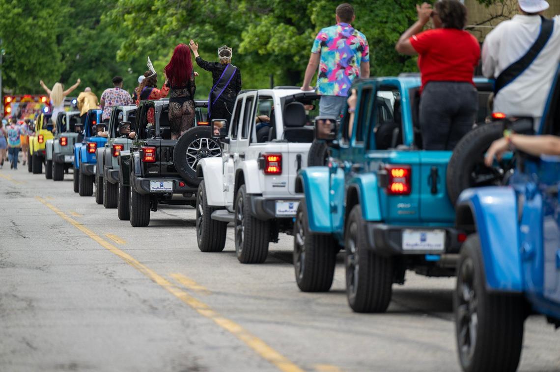 A long line of Jeeps carried parade participants during the KC Pride Parade.