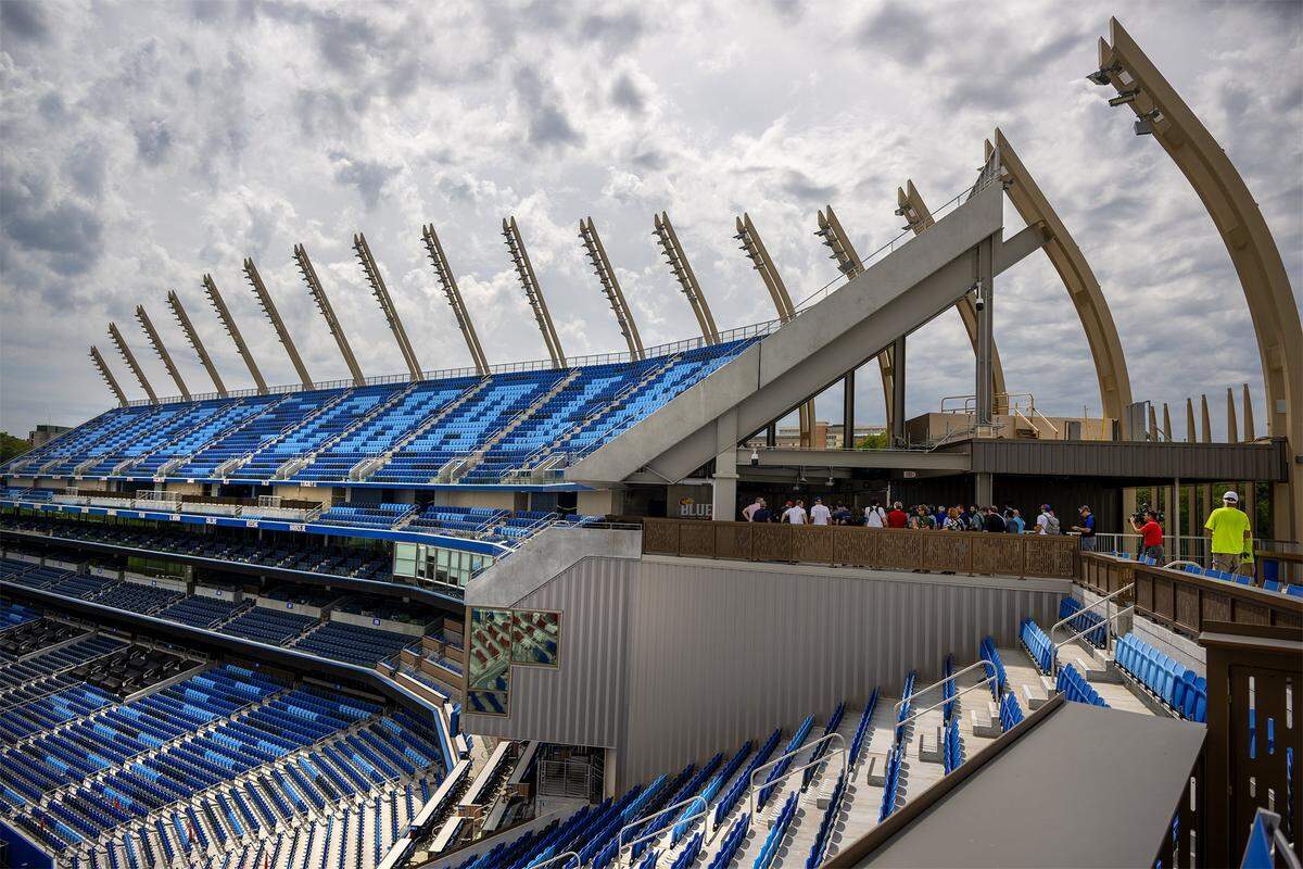 Lighting structures, designed to resemble shafts of wheat, were seen during a tour showing off the $450 million in renovations at David Booth Kansas Memorial Stadium on Tuesday, Aug. 19, 2025, at the University of Kansas in Lawrence.  