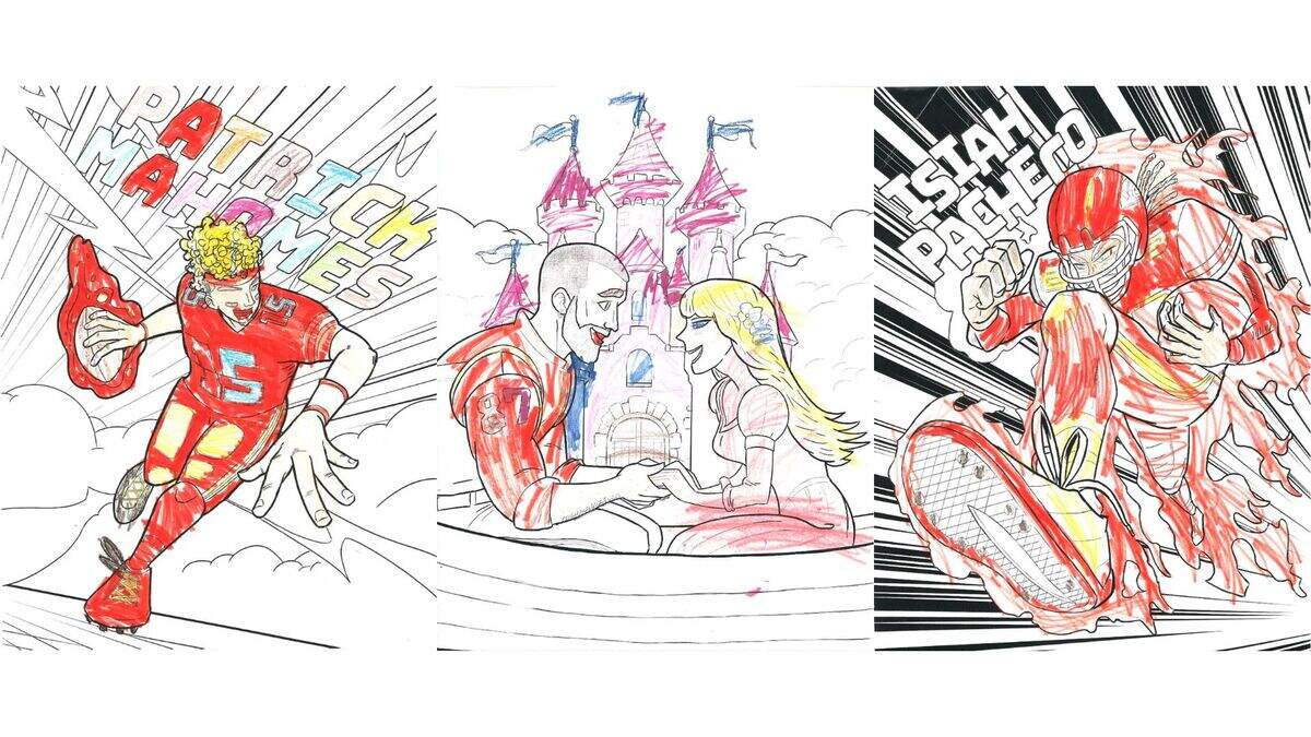 Patrick Mahomes, Travis Kelce and Taylor Swift, and Isiah Pacheco, as colored by Alex Sediqzad, age 4.