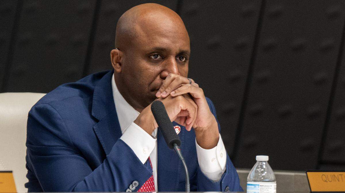Mayor Quinton Lucas listens to a member of KCPD speak during the Kansas City Board of Police Commissioners January meeting on Tuesday, January 27, 2026, at KCPD Headquarters.