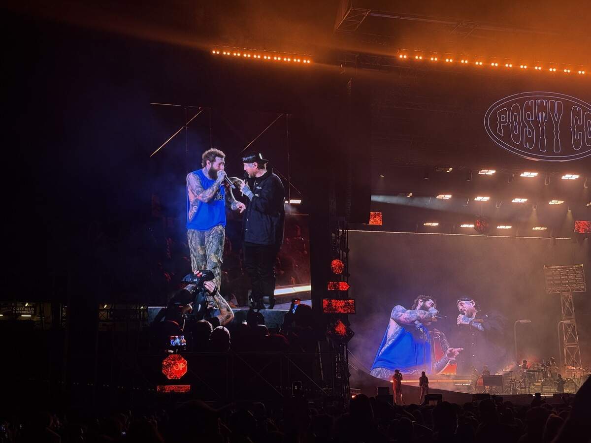Post Malone and Jelly Roll performing together at Kauffman Stadium Wednesday, July 15, 2026, in Kansas City, Missouri.