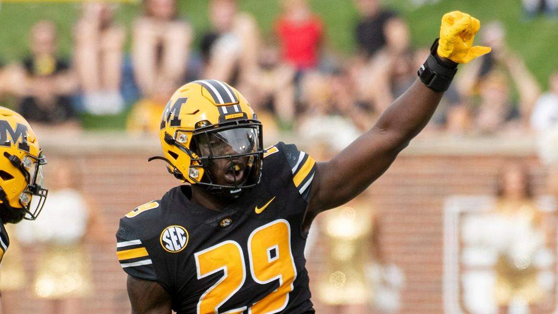 Missouri linebacker Jamie Pettway celebrates a tackle during the first quarter of an NCAA college football game against North Texas Saturday, Oct. 9, 2021, in Columbia, Mo. (AP Photo/L.G. Patterson)