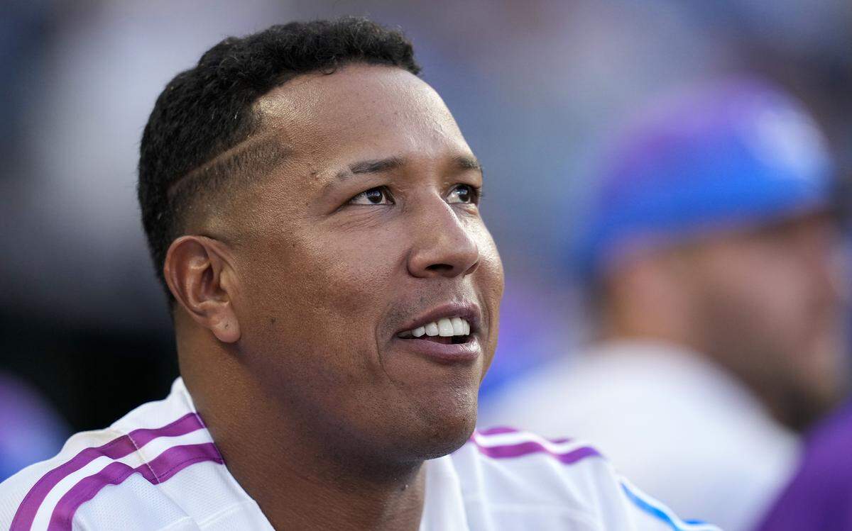 Royals catcher Salvador Perez takes in the action during a game against the Detroit Tigers at Kauffman Stadium in Kansas City on Friday, May 8, 2026.