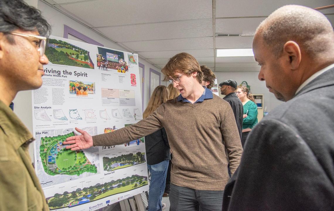 Joseph Hazard, center and Muhaiminul Islam, left, both third-year architecture students at K-State, describe Dunbar restoration ideas to Kansas City pubic works director, Michael Shaw on Dec. 3, 2024 at Pilgrim’s Rest Baptist Church.