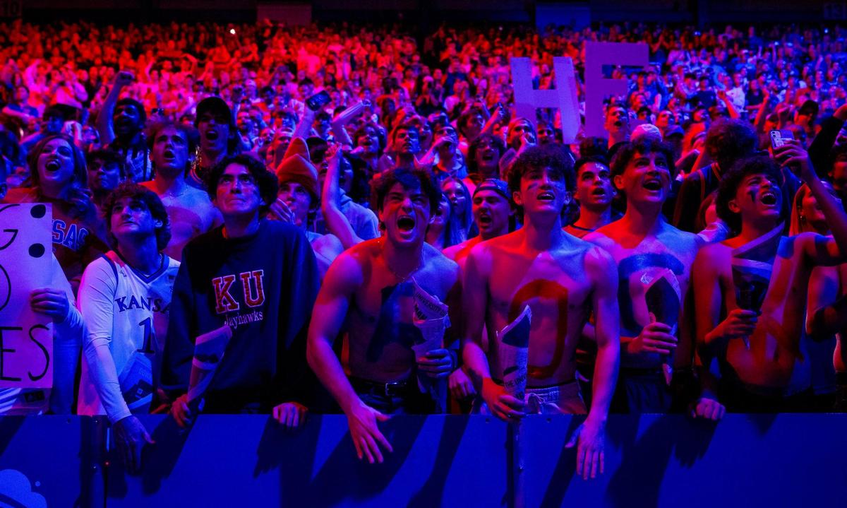 Kansas Jayhawks fans cheer before an NCAA basketball game against the Connecticut Huskies on Friday, Dec. 1, 2023, in Lawrence, Kan.