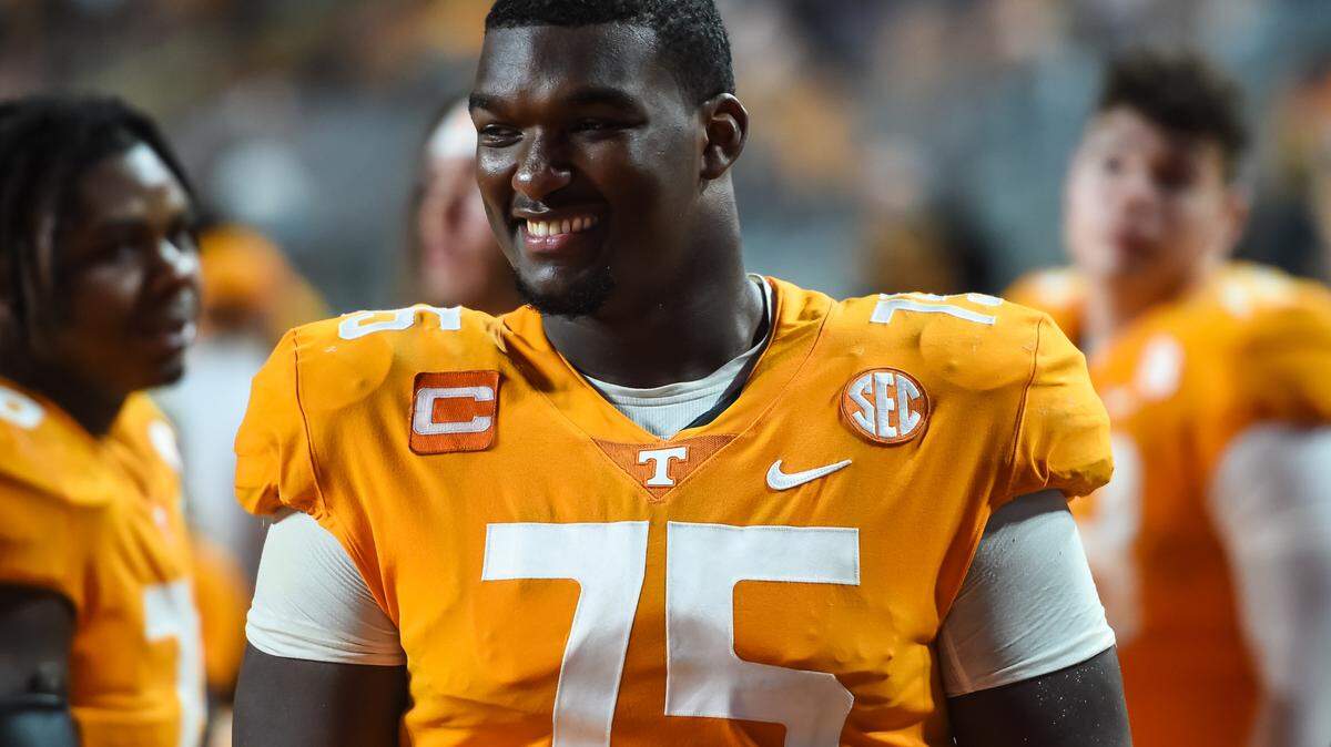 Sep 17, 2022; Knoxville, Tennessee, USA; Tennessee Volunteers offensive lineman Jerome Carvin (75) stands on the sidelines during the second half against the Akron Zips at Neyland Stadium. Mandatory Credit: Bryan Lynn-USA TODAY Sports