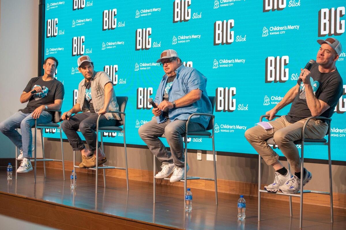 Big Slick hosts, from left, Rob Riggle, Paul Rudd, Eric Stronestreet and David Koechner spoke at a press conference to talk up their annual fundraiser for Children’s Mercy on Friday.