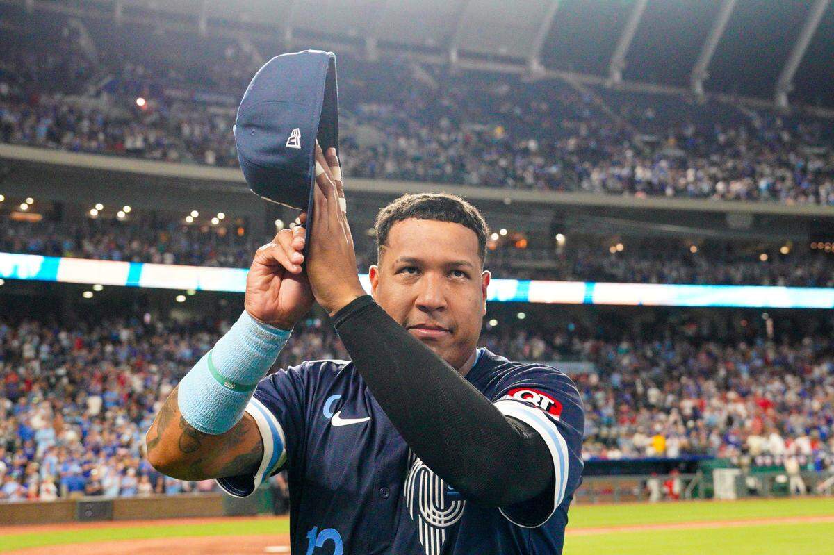 Kansas City Royals catcher Salvador Perez (13) celebrates after a win over the Philadelphia Phillies at Kauffman Stadium on Aug. 23.