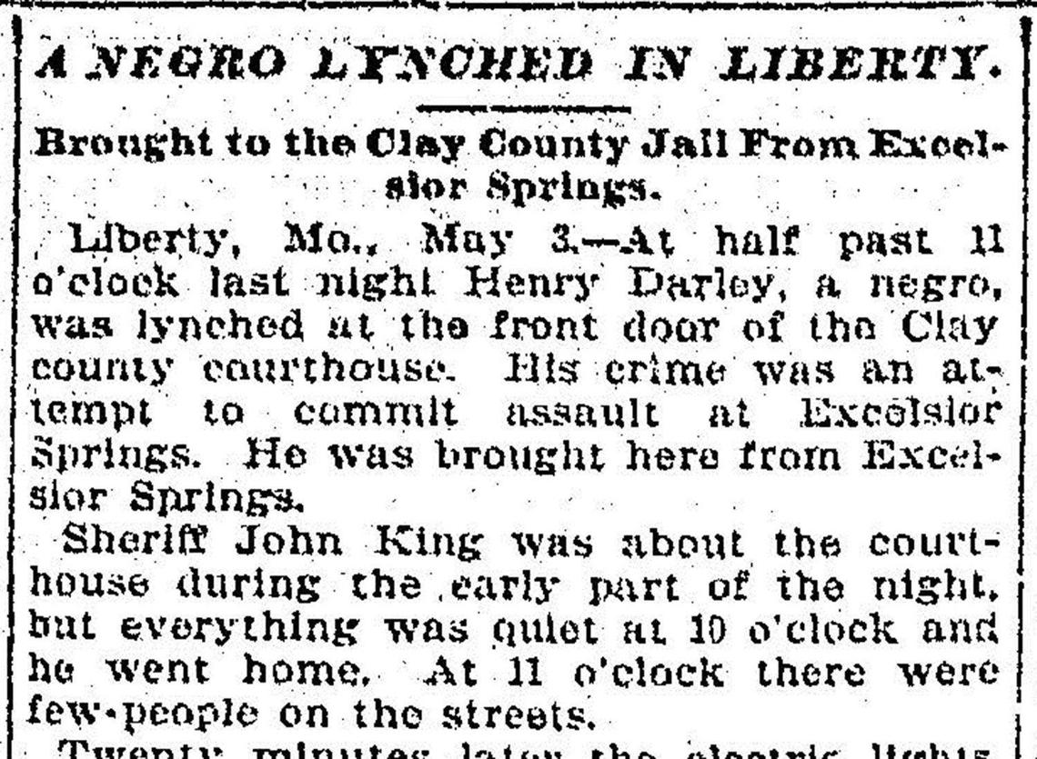 The May 3, 1900, Times described the lynching of Henry Darley. There was no follow-up asking whether anyone involved would be tried for the crime.