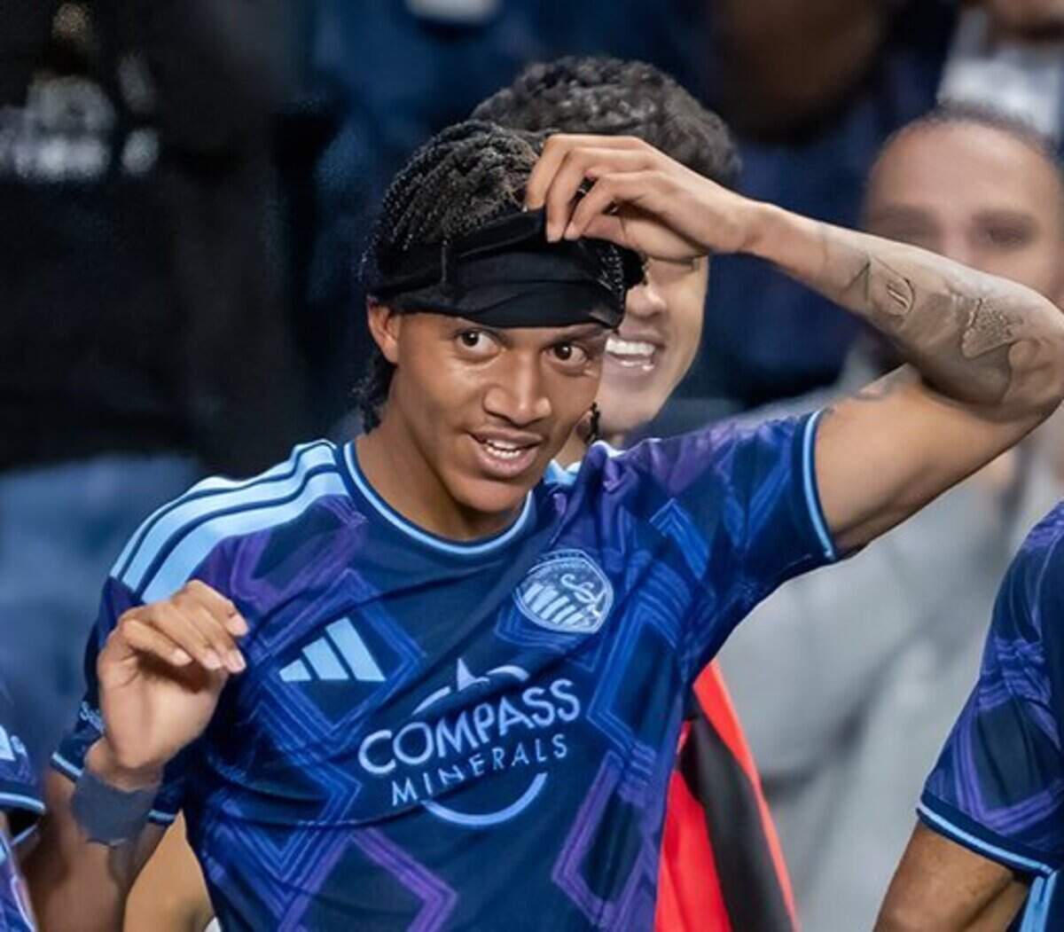 Sporting Kansas City forward Calvin Harris (11) celebrates a goal in the second half at Sporting Park on Wednesday, May 13, 2026, 2026, in Kansas City, Kansas. Sporting KC defeated the LA Galaxy, 3-1.