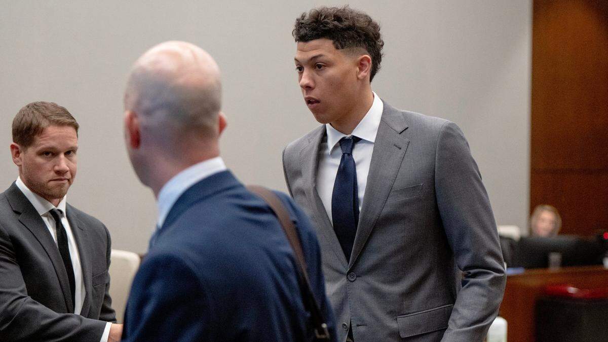 Jackson Mahomes leaves the courtroom following a bond motion hearing in Johnson County District Court on Tuesday, May 16, 2023, in Olathe.