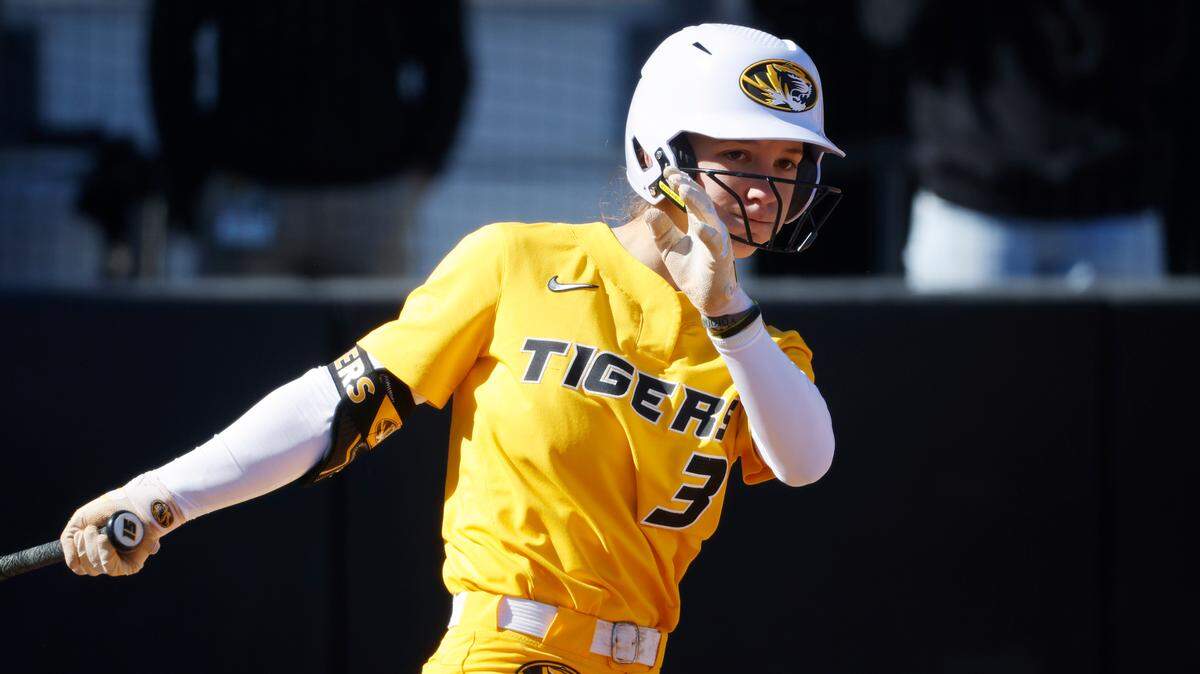 In this file photo, Missouri’s Jenna Laird takes a swing during an NCAA college softball game on Sunday, March 13, 2022 in Columbia.