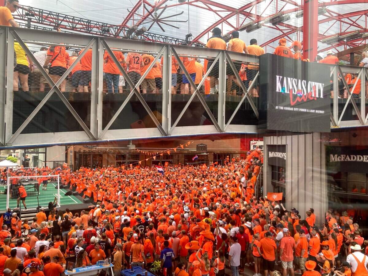 Dutch fans filled Kansas City Live! In the Power & Light District ahead of the Netherlands Orange Walk down Grand Boulevard to FIFA Fan Fest on June 25, 2026.