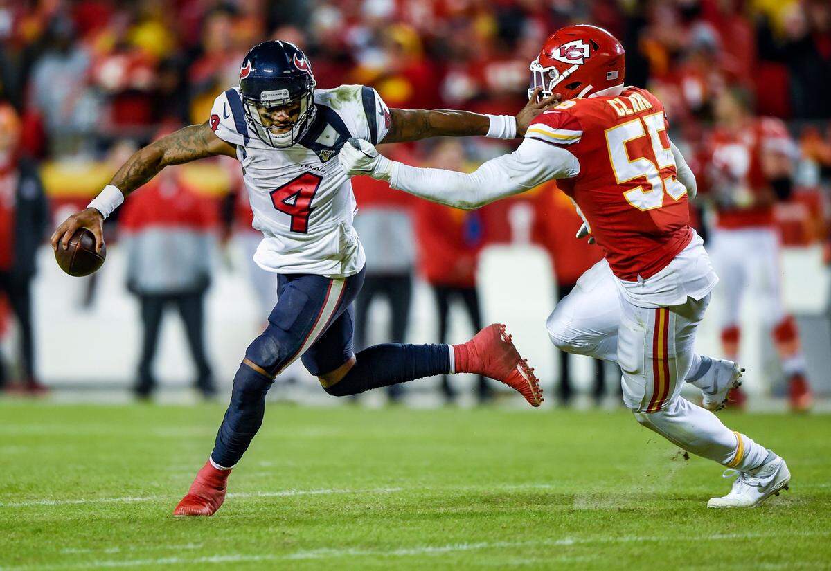 Kansas City Chiefs defensive end Frank Clark sacked Houston Texans quarterback Deshaun Watson in the second half.
