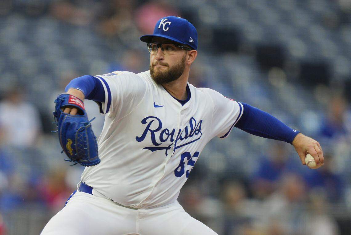 Royals starter Noah Cameron pitches against the Los Angeles Angels during a Major League Baseball game at Kauffman Stadium in Kansas City on Thursday, Sept. 4, 2025.