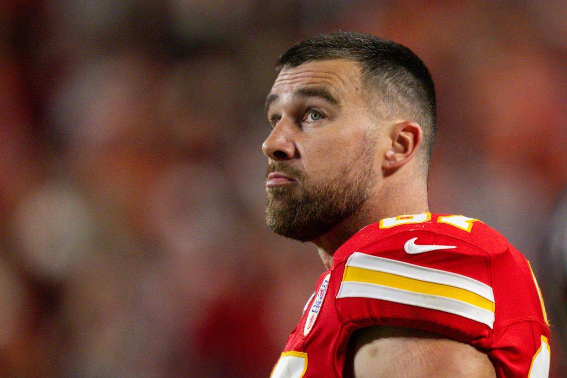 Kansas City Chiefs tight end Travis Kelce (87) watches the defense on the Jumbotron in the second half of the Chiefs game vs. the Denver Broncos on Thursday, December 25, 2025, at GEHA Field at Arrowhead Stadium.