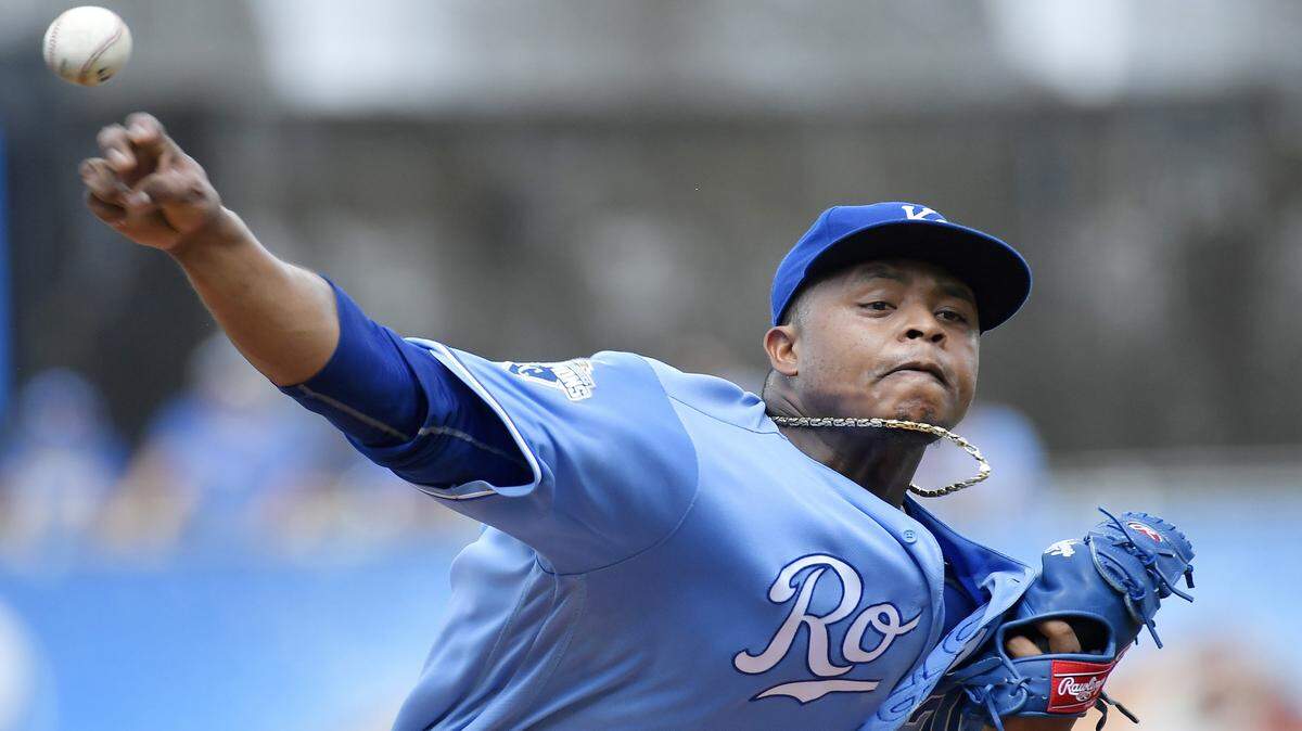 Kansas City Royals starting pitcher Edinson Volquez throws during Saturday's baseball game against the Seattle Mariners on July 9, 2016 at Kauffman Stadium in Kansas City, Mo.