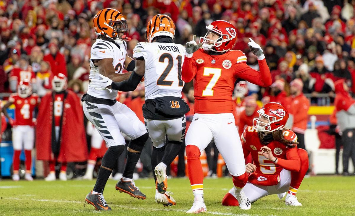 Kansas City Chiefs place kicker Harrison Butker (7) watches one of his six field goals sail through the uprights during an NFL football game against the Cincinnati Bengals at GEHA Field at Arrowhead Stadium on Sunday, Dec. 31, 2023, in Kansas City.