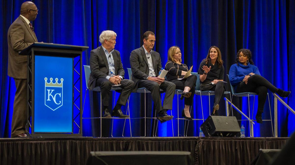 A panel of Kansas City Royals officials answered questions from the audience during Tuesday’s community meeting at the Urban Youth Academy in Kansas City.