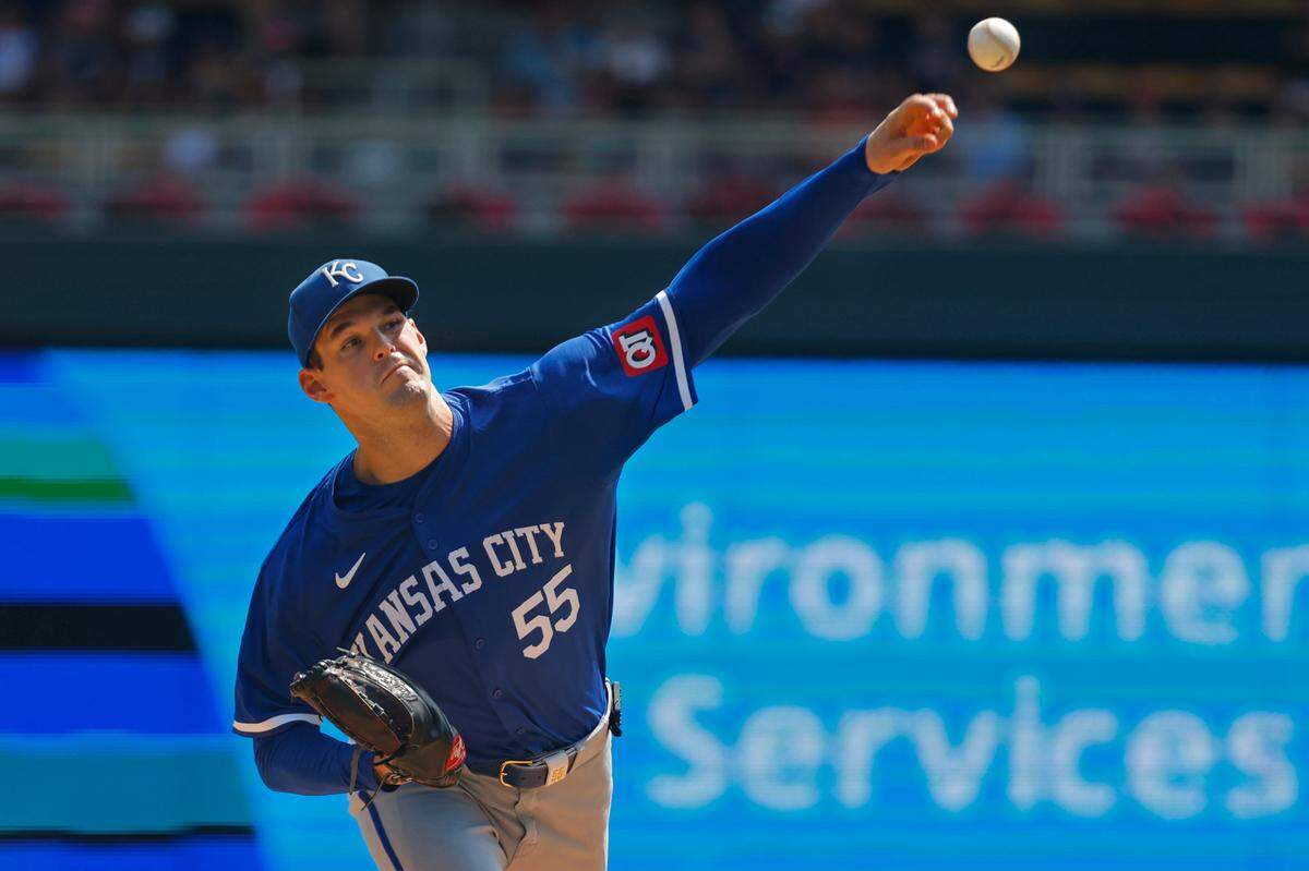 Kansas City Royals starting pitcher Cole Ragans delivers against the Minnesota Twins during Wednesday’s game at Target Field in Minneapolis.