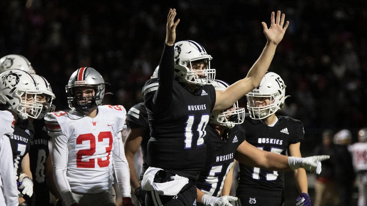 Quarterback Mikey Pauley of Blue Valley Northwest celebrated one of his touchdowns during the game against Blue Valley West on Friday, Nov. 19, 2021. Blue Valley Northwest won 35-7 and was headed for the state championship game against Derby.
