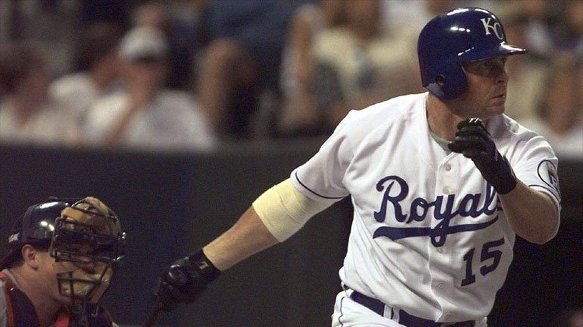 Kansas City Royals designated hitter Jeremy Giambi was 3 for 3 in his first three at-bats against Cleveland during a June 25, 1999 game at Kauffman Stadium.