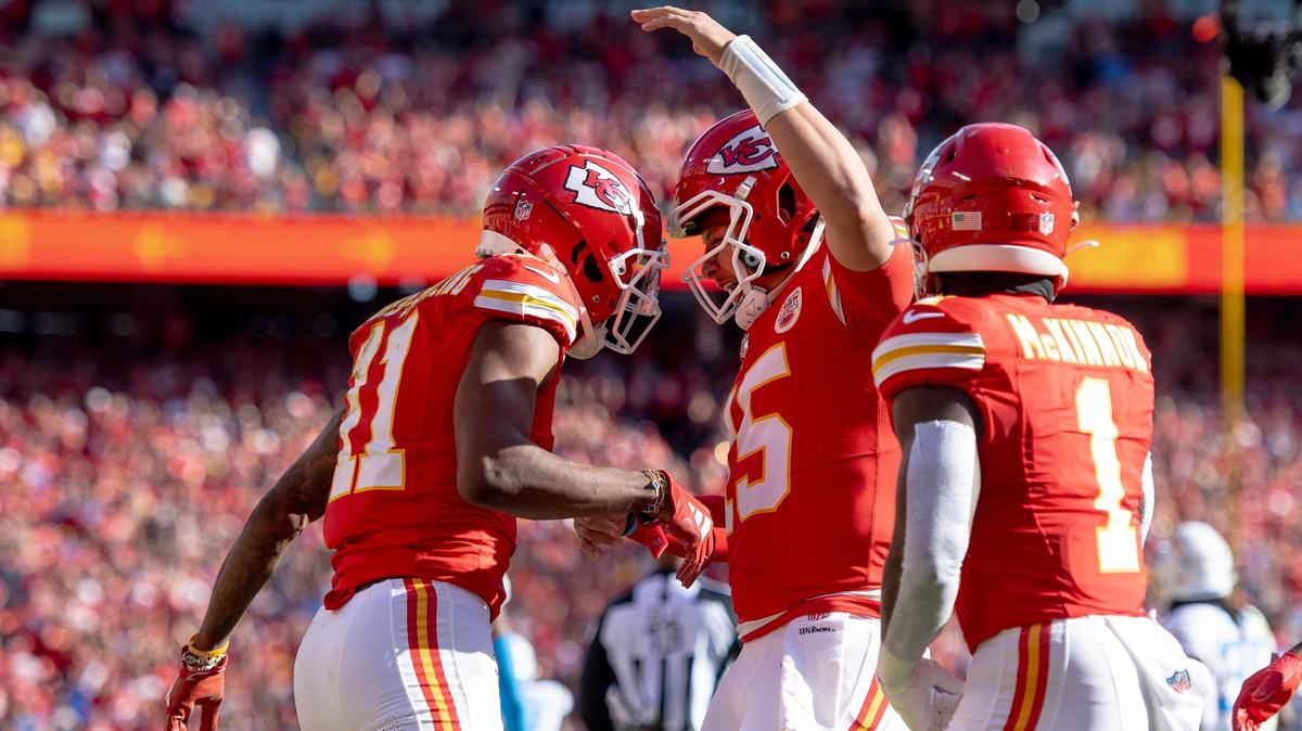 Kansas City Chiefs quarterback Patrick Mahomes (15) celebrates a touchdown scored by wide receiver Marquez Valdes-Scantling (11) during an NFL football game against the Los Angeles Chargers at GEHA Field at Arrowhead Stadium on Sunday, Oct. 22, 2023, in Kansas City.