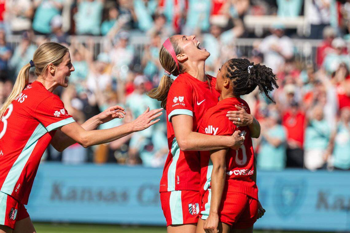 Kansas City Current players celebrate after a goal by Kansas City Current midfielder Croix Bethune (8) in the second half of the Current's match vs. the Utah Royals, on Saturday, March 14, 2026, at the CPKC Stadium. The Current won 2-1 against the Utah Royals.