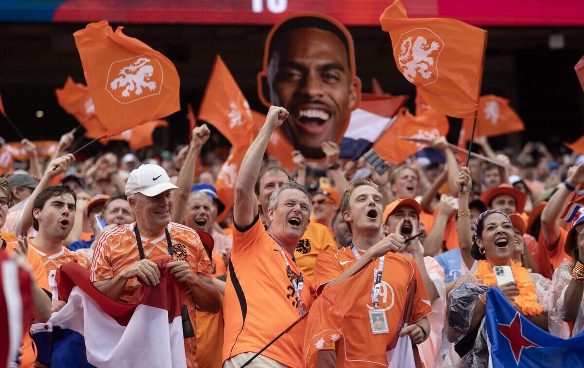 Netherlands fans cheer on their team before their FIFA World Cup group-stage soccer match against Tunisia at Kansas City (Arrowhead) Stadium in Kansas City on Thursday, June 25, 2026.