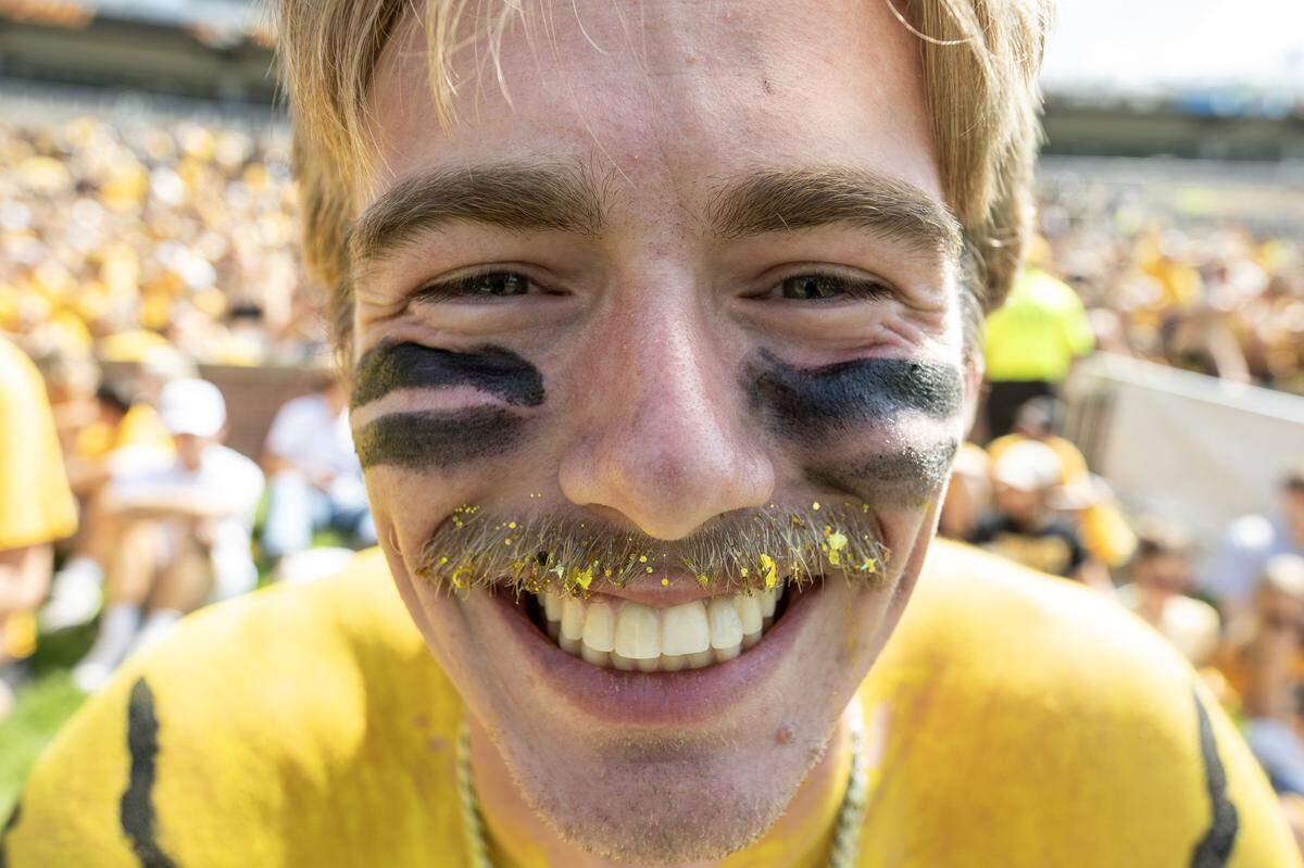 Justin Ball sports a gold glitter mustache during a game between the Missouri Tigers and the Kansas Jayhawks at Faurot Field at Memorial Stadium on Saturday, Sept. 6, 2025, in Columbia.