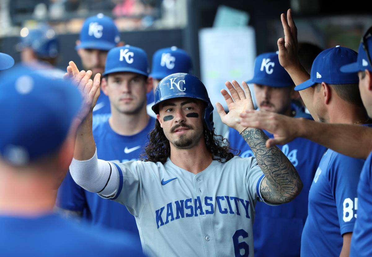 Kansas City Royals third baseman Jonathan India (6) celebrates after scoring during the first inning against the Tampa Bay Rays at George M. Steinbrenner Field on April 29, 2025.